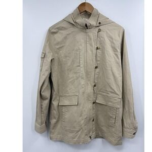 CAbi Jacket Womens Large Khaki Hooded Utility Anorak Cotton Snap Zip Style 110‎